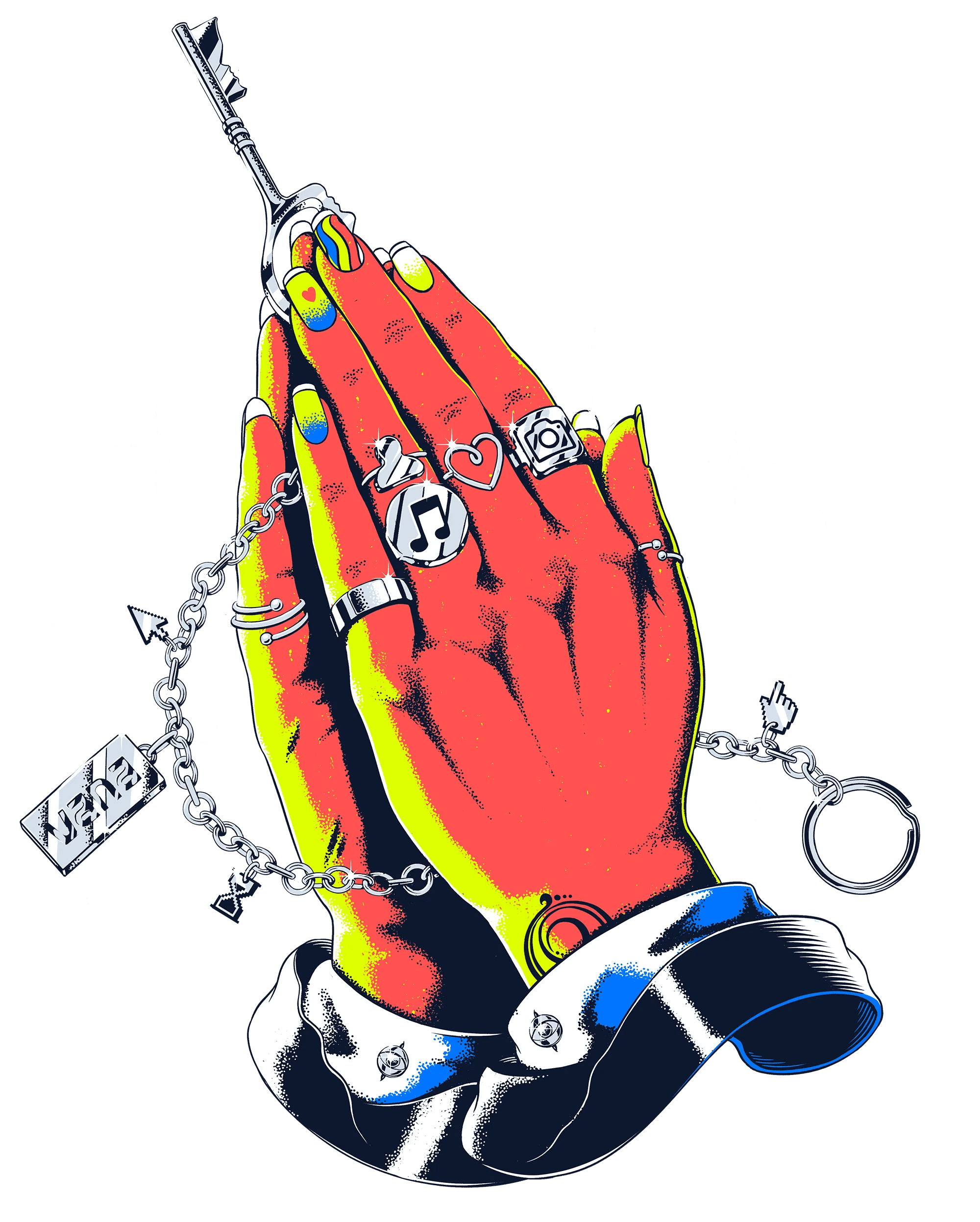 red hand illustration with rings